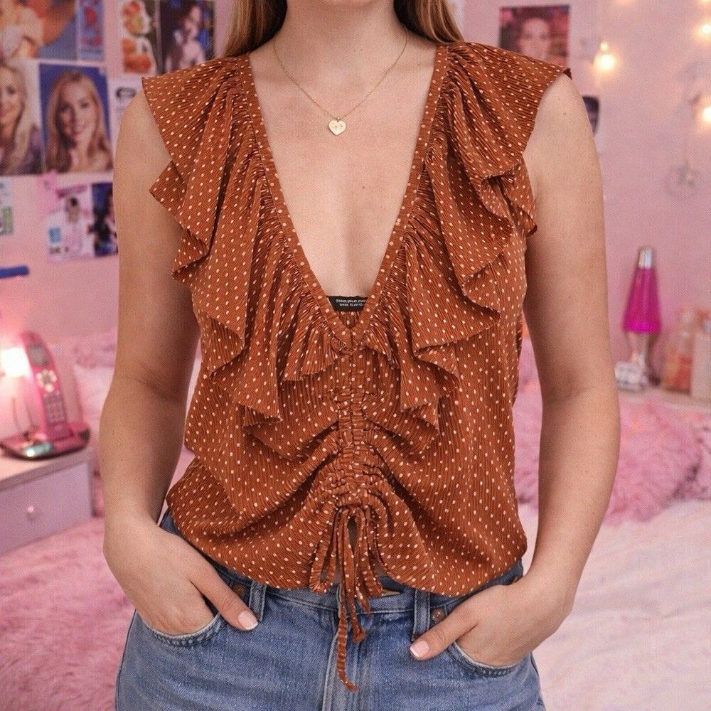 ZARA Y2K Polka Dot Ruffle V Neck Top Medium Brown Sleeveless Festival Blouse